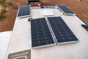 off-grid solar panel kits mounted on an RV roof