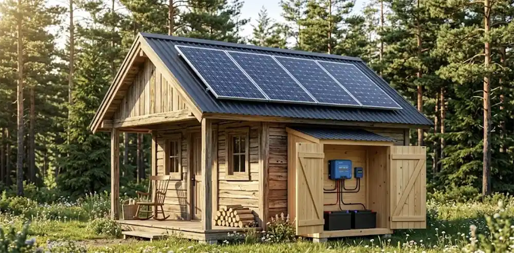 Off grid solar energy cabin with roof panels and battery storage shed